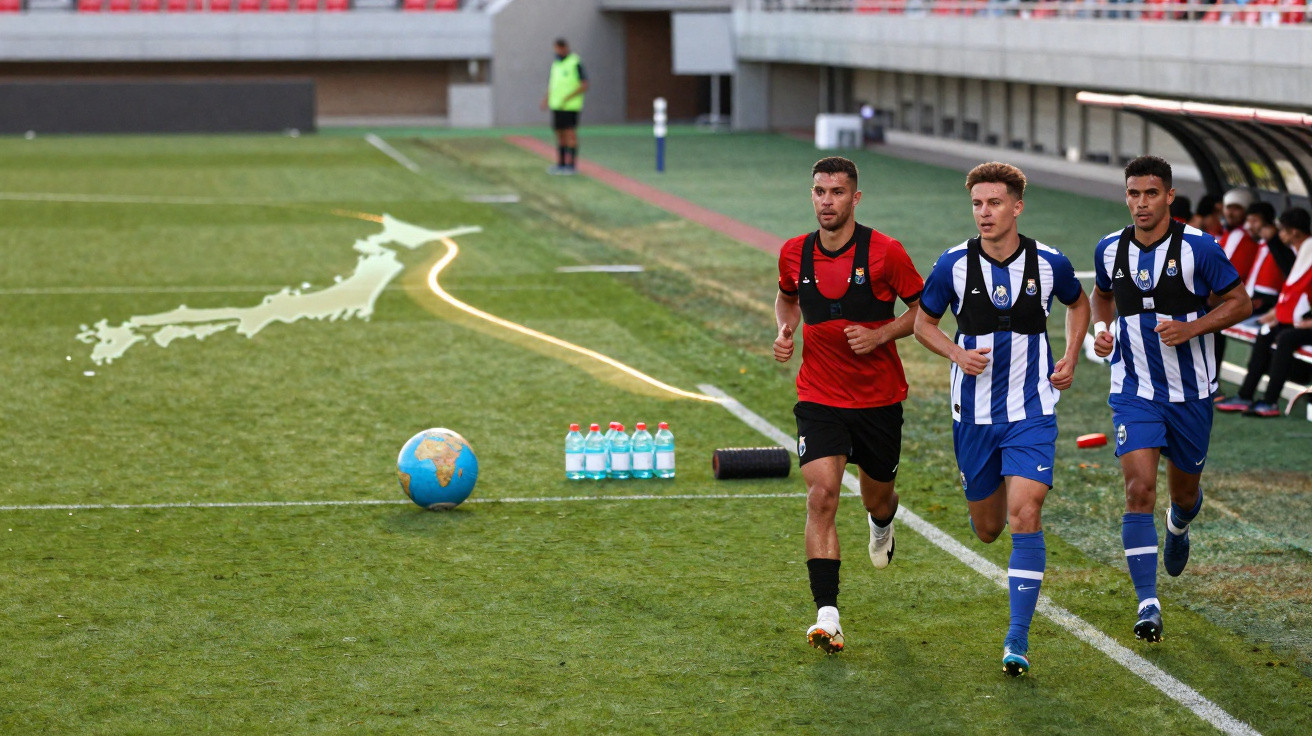 Três jogadores de futebol a correr junto à linha lateral do campo durante treino, com bola e garrafas de água.