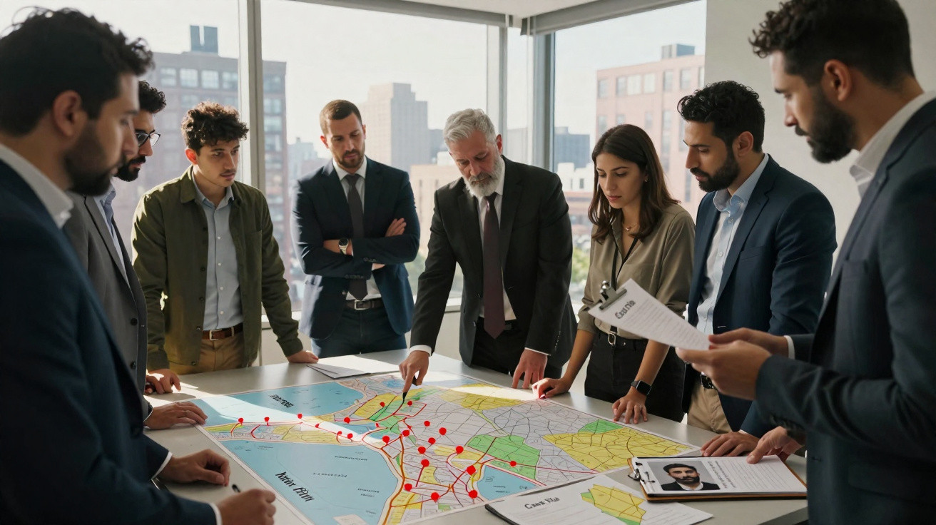 Grupo de pessoas em reunião empresarial a analisar mapa urbano com marcações vermelhas numa sala iluminada.