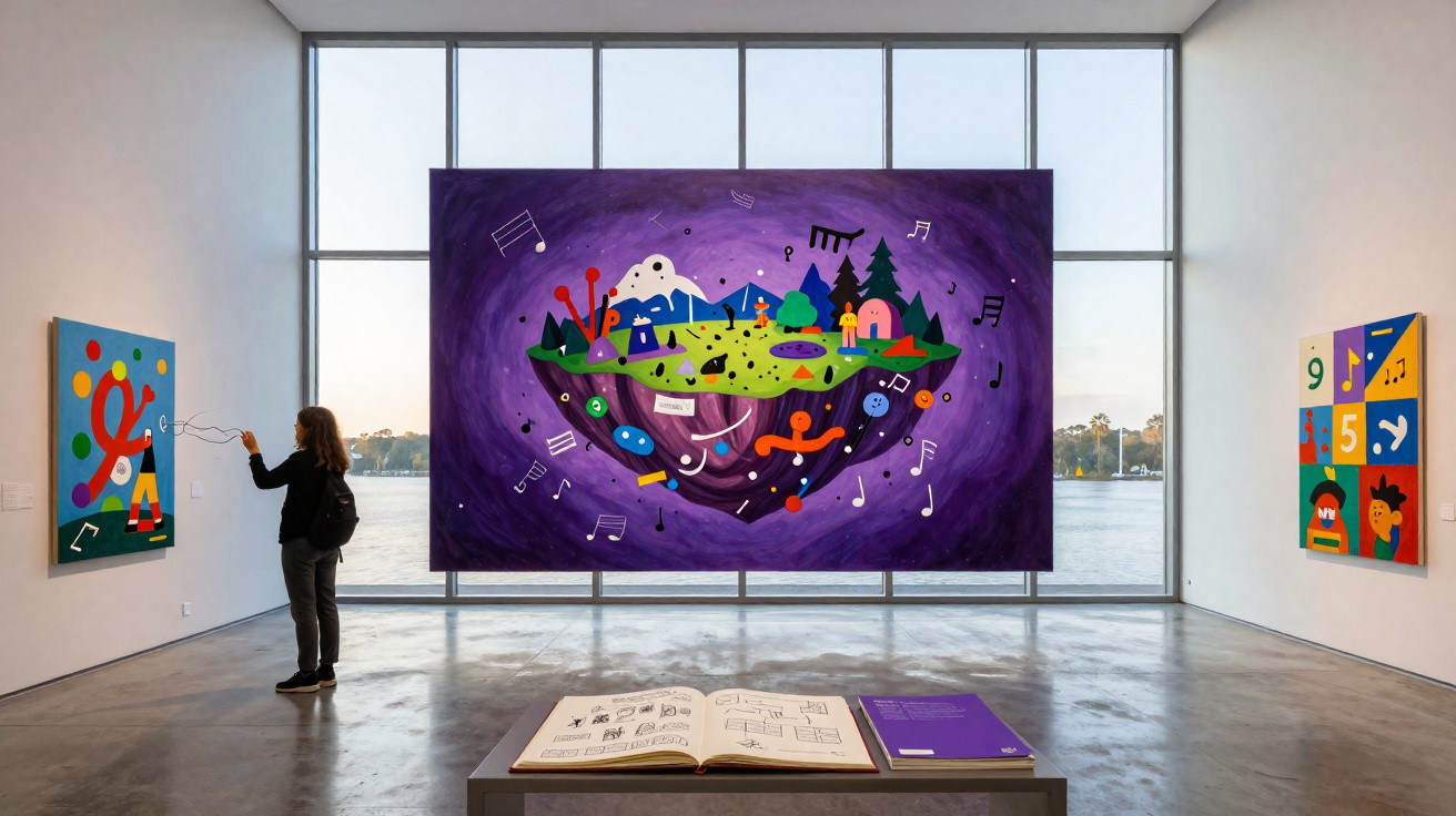 Pessoa observa pinturas coloridas e abstratas numa galeria de arte moderna com grande janela panorâmica.