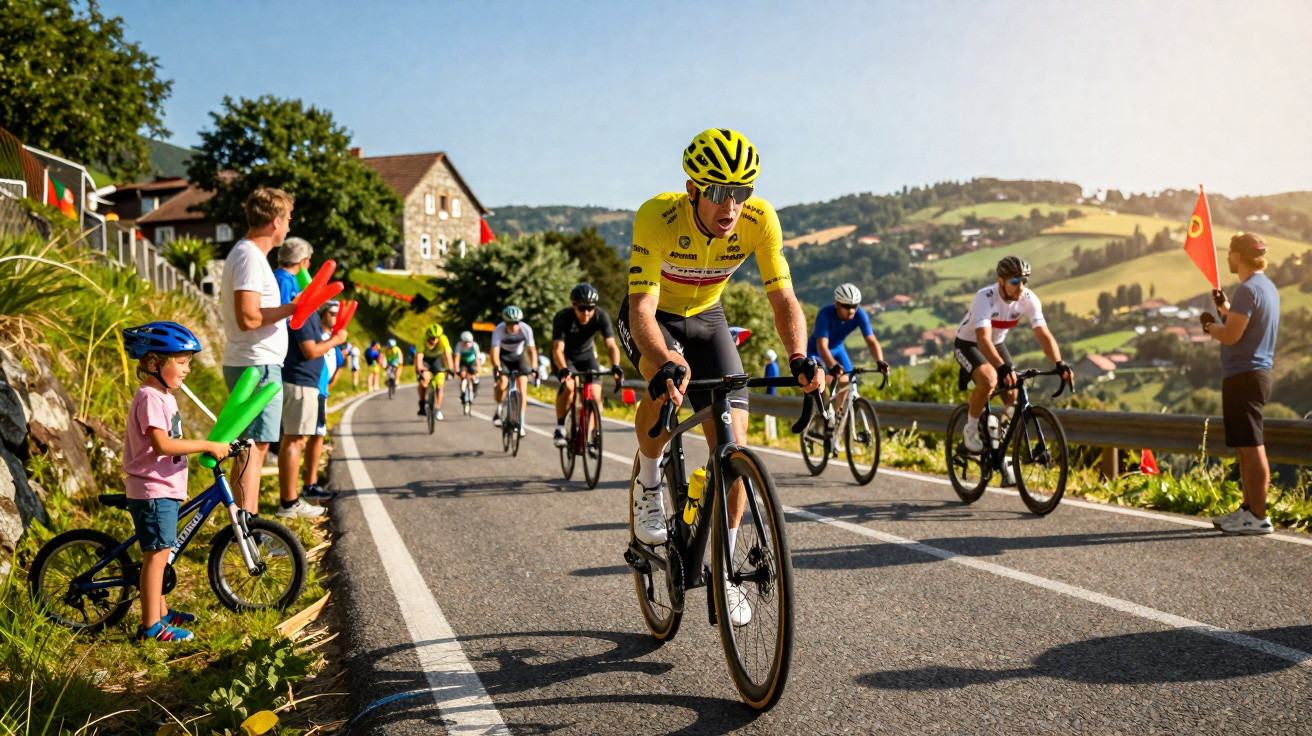 Ciclistas competem numa estrada rural com espectadores a assistir e a aplaudir ao longo do percurso.