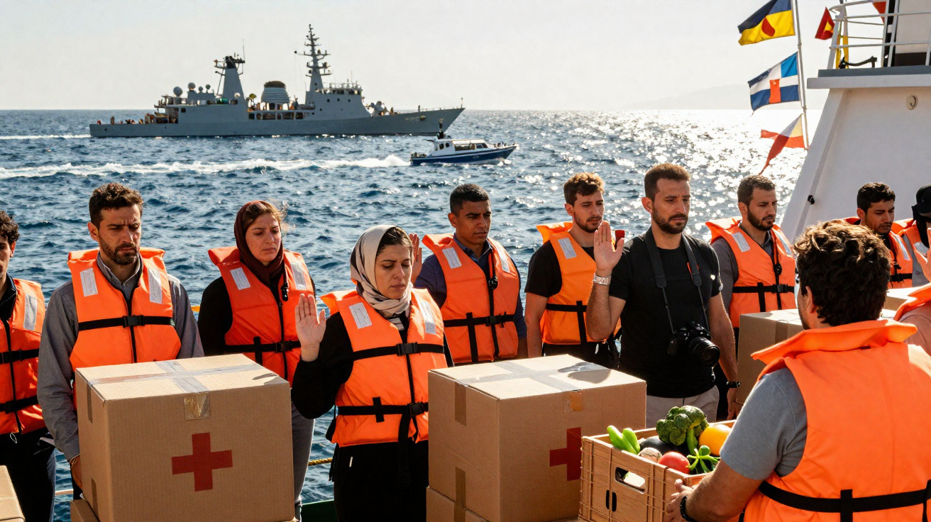 Grupo de migrantes com coletes salva-vidas a bordo de um barco com caixas de ajuda humanitária no mar.