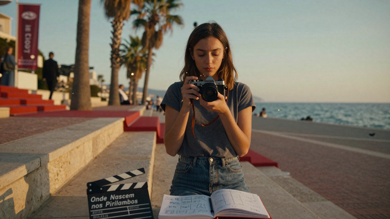 Jovem com câmara fotográfica e livro de storyboard sentada junto ao mar numa escadaria exterior.