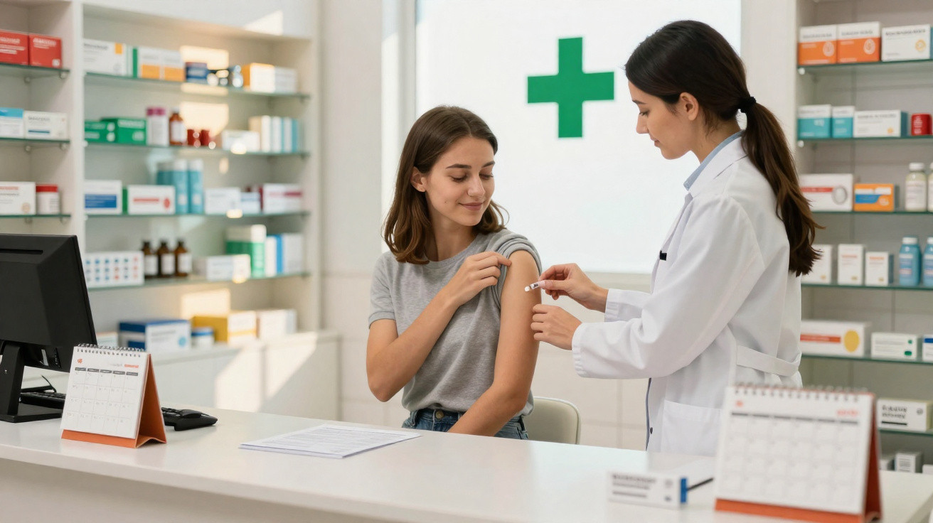 Farmacêutica a vacinar jovem mulher num balcão de farmácia com prateleiras de medicamentos ao fundo.