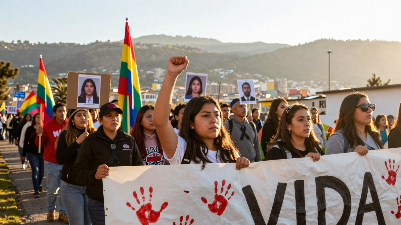 Manifestantes com pancartas e bandeiras a participar numa marcha durante o pôr do sol.