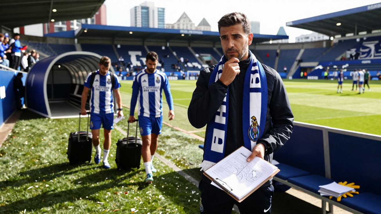 Treinador com cachecol do FC Porto segura prancha tática no campo, com jogadores e estádio ao fundo.