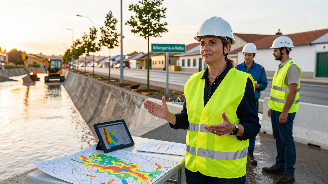 Mulher com colete e capacete a explicar mapa num cano de água com trabalhadores e máquinas ao fundo.