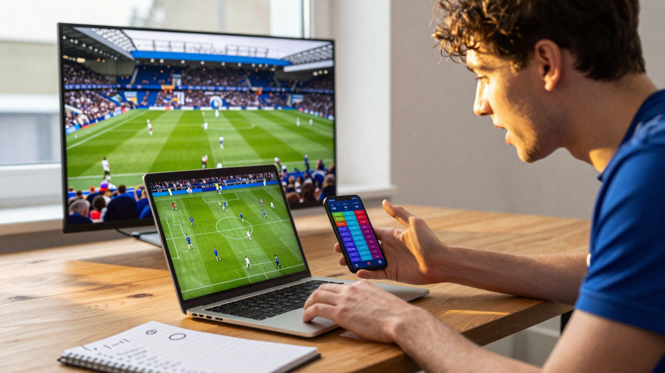 Jovem a ver um jogo de futebol na televisão e no computador, acompanhando apostas pelo telemóvel.
