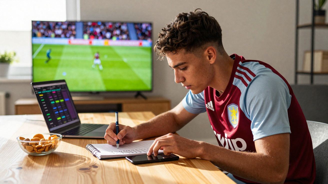Jovem sentado a estudar com caderno, computador e telemóvel à sua frente, e jogo de futebol na televisão ao fundo.