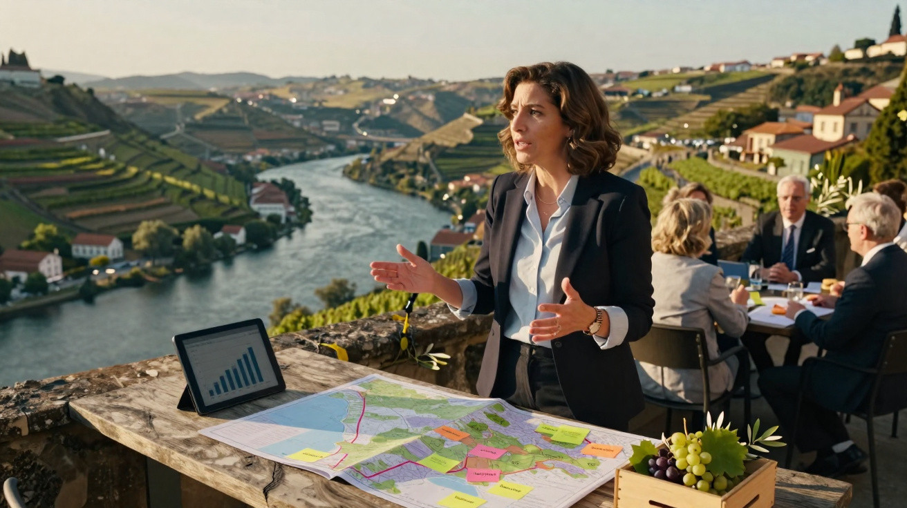 Mulher a apresentar mapa com gráficos, com vista para rio e vinhas, enquanto grupo discute à mesa ao fundo.