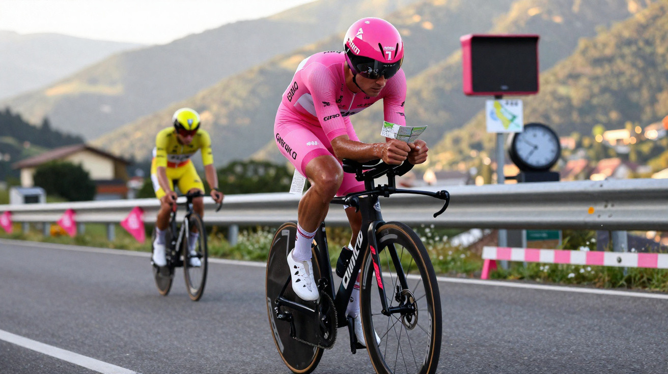 Ciclista vestido de rosa a competir numa prova de contra-relógio em estrada, seguido por outro ciclista de amarelo.