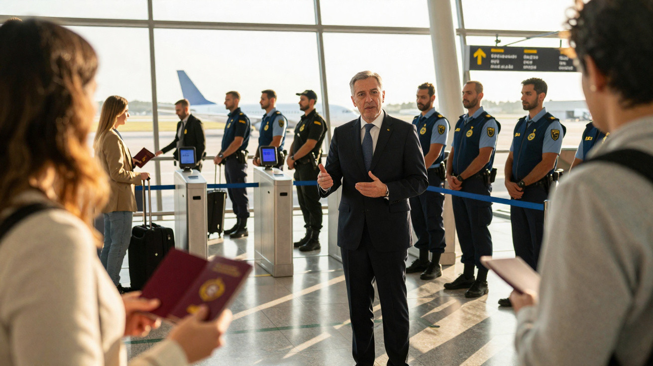 Homem de fato fala em aeroporto, com polícias alinhados e passageiros com passaportes ao fundo.