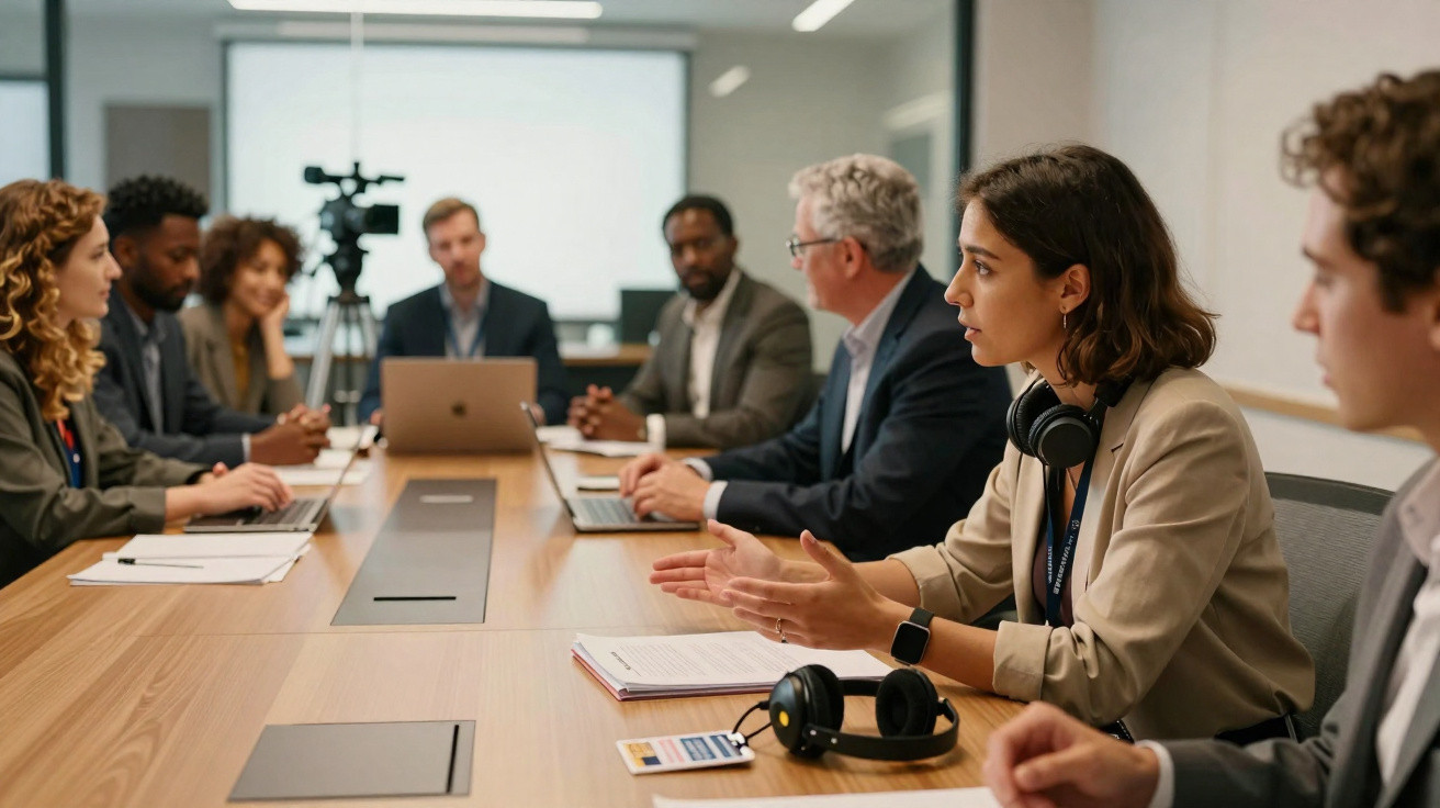 Reunião de negócios com oito profissionais sentados à mesa, discutindo e usando computadores portáteis.
