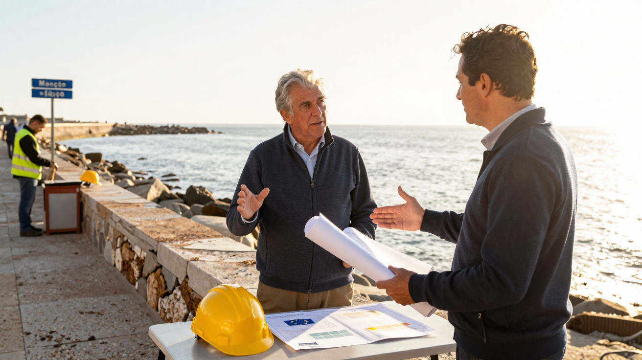 Dois homens discutem junto ao mar com plantas e capacete de construção numa mesa ao ar livre.