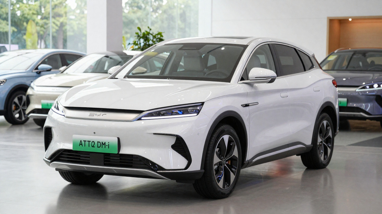 Automóvel elétrico branco BYD ATTO 2 DM-i em exposição numa sala de showroom moderna.