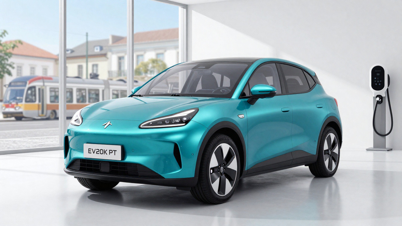 Carro elétrico azul turquesa estacionado junto a posto de carregamento numa sala moderna com janelas amplas.