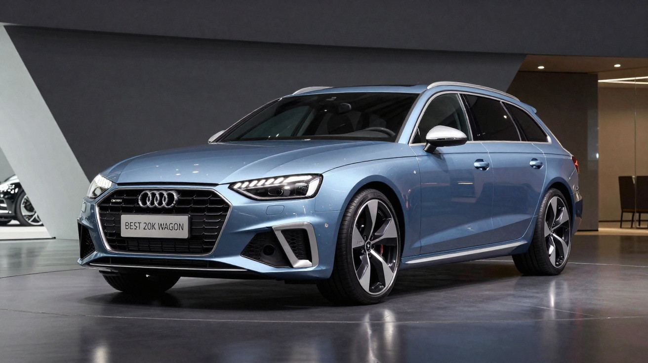 Carro Audi azul metalizado modelo Wagon em exibição numa sala moderna com piso refletor.