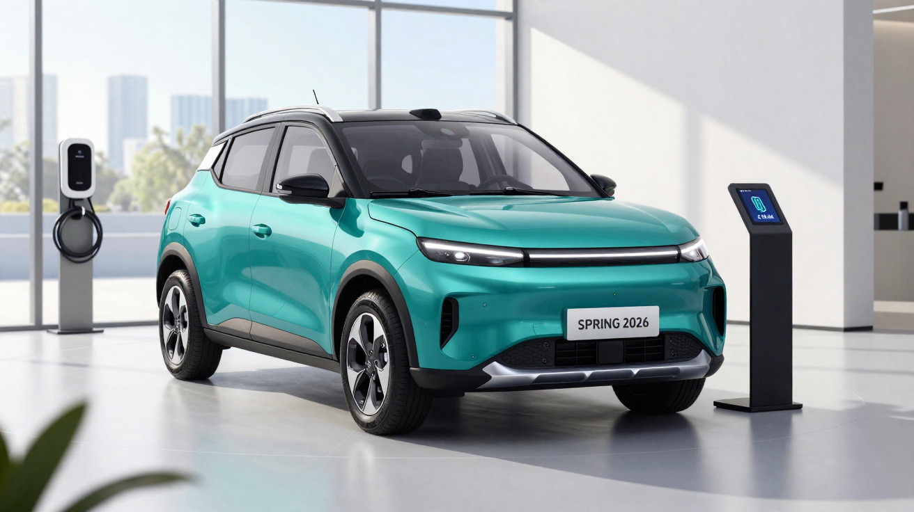Carro elétrico verde água modelo Spring 2026 estacionado numa garagem moderna com posto de carregamento.