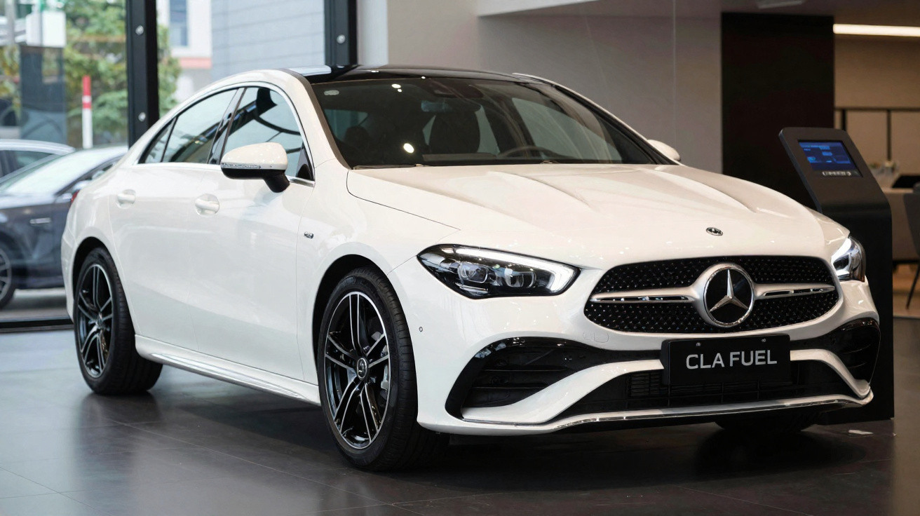 Carro Mercedes-Benz CLA branco estacionado num salão de exposição moderno.
