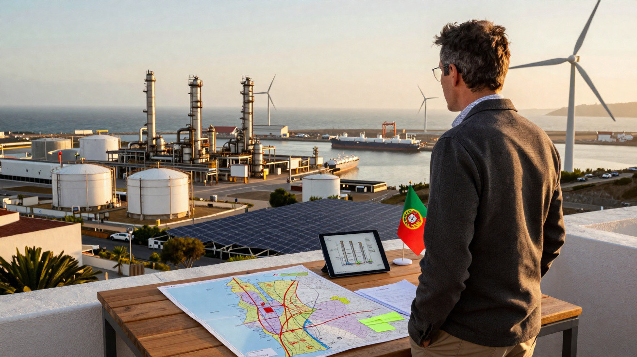 Homem observa instalações industriais com painel solar e turbinas eólicas junto ao mar, mapas e tablet na mesa.