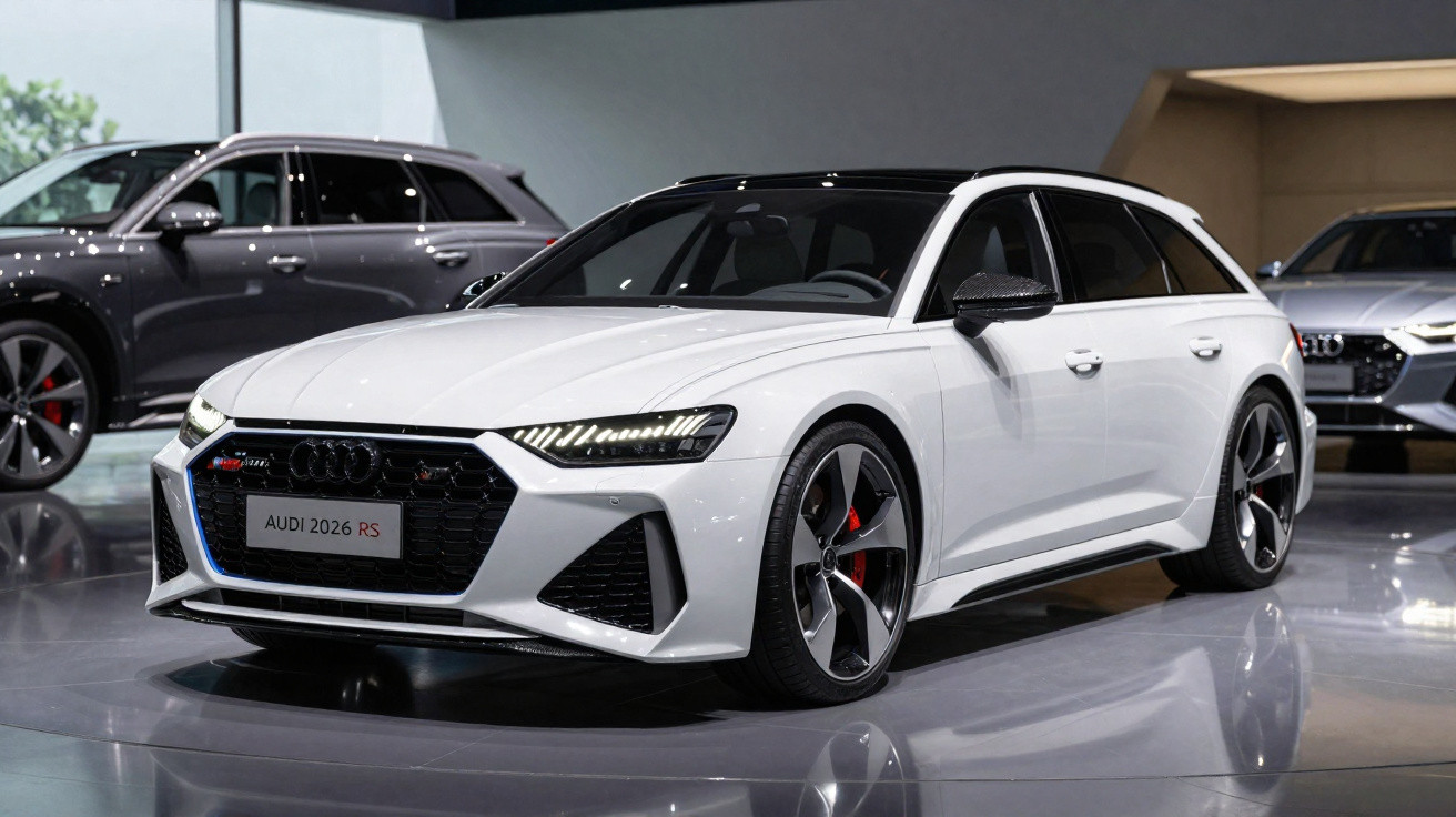 Audi A6 Avant RS 2026 branco exposto em salão automóvel, com detalhes em preto e jantes desportivas.