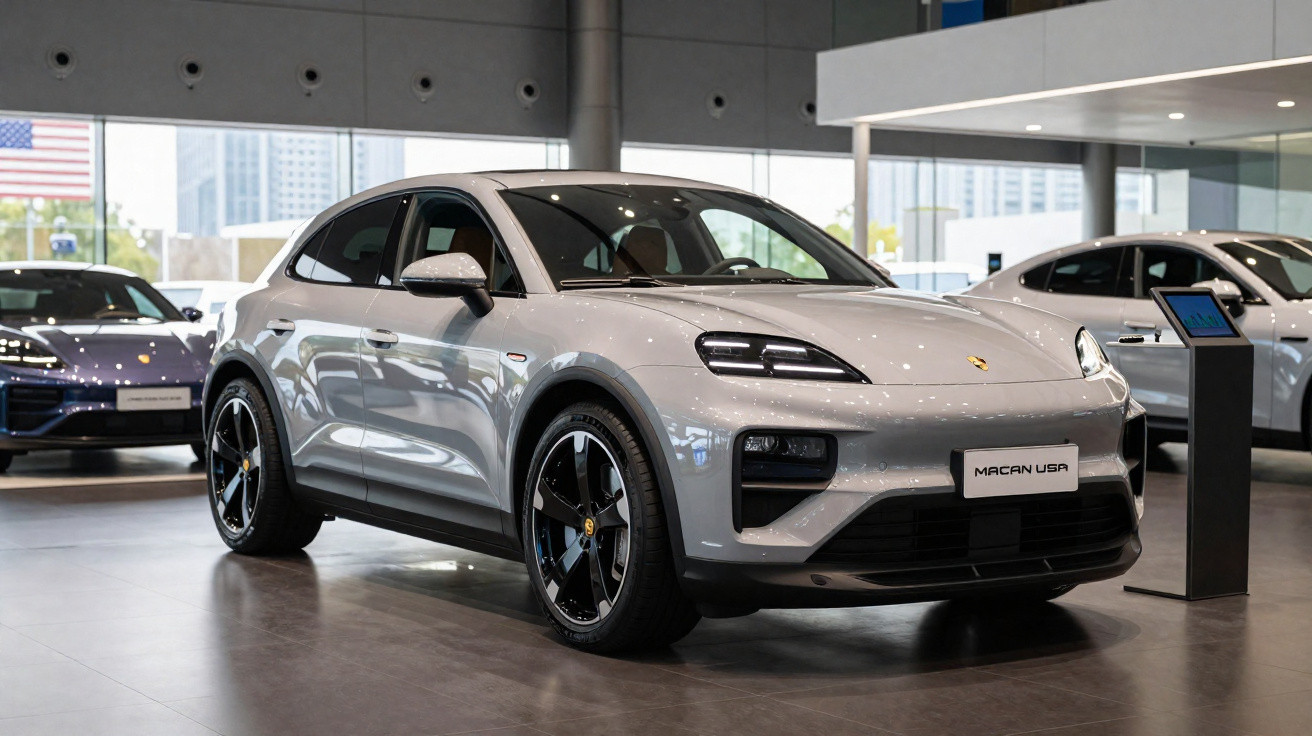 Carro Porsche Macan cinzento exposto em sala de showroom moderno com outras viaturas ao fundo.