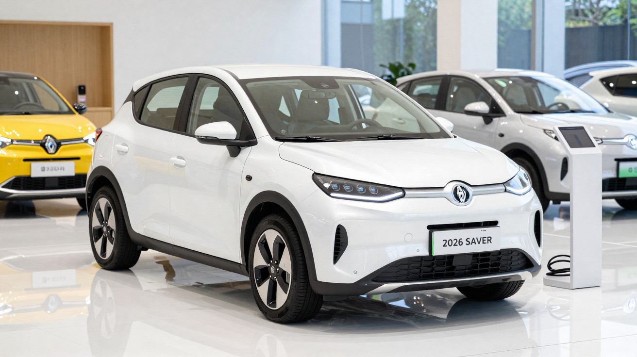 Carro elétrico branco 2026 Saver estacionado numa sala de exposições moderna.