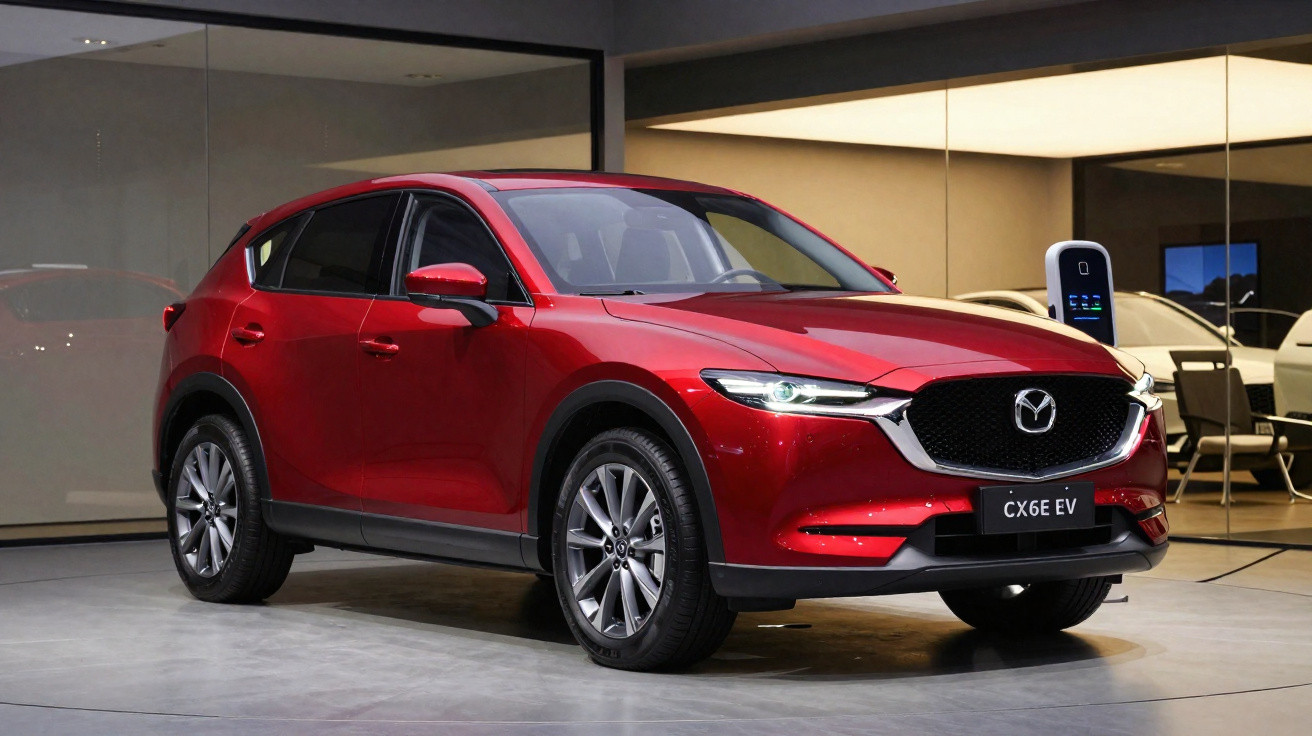 Carro elétrico Mazda CX-6E EV vermelho estacionado em interior moderno com parede espelhada ao fundo.