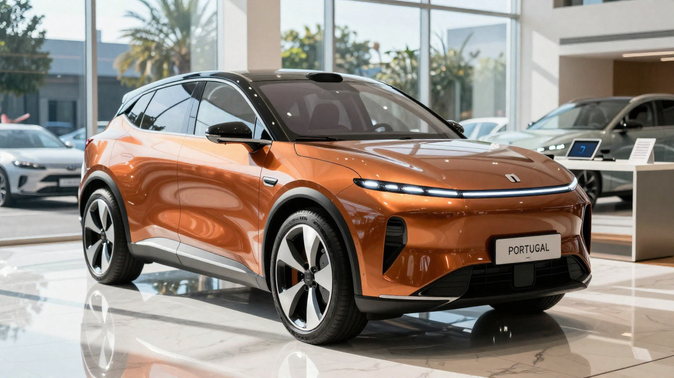 SUV elétrico moderno de cor laranja exposto numa sala de vendas com grandes janelas.