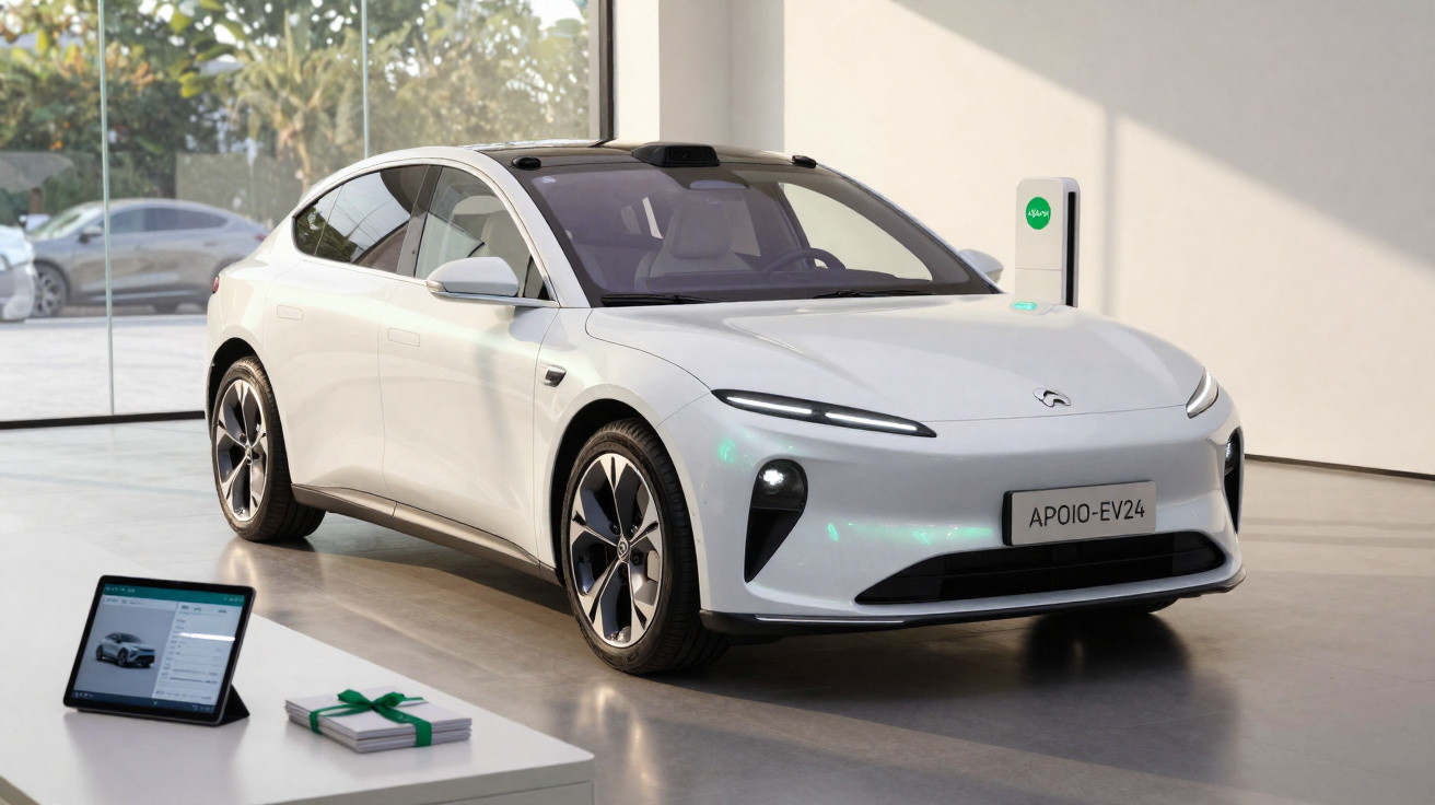 Carro elétrico branco NIO Apoio-EV24 em exposição interior com carregador e tablet ao lado.