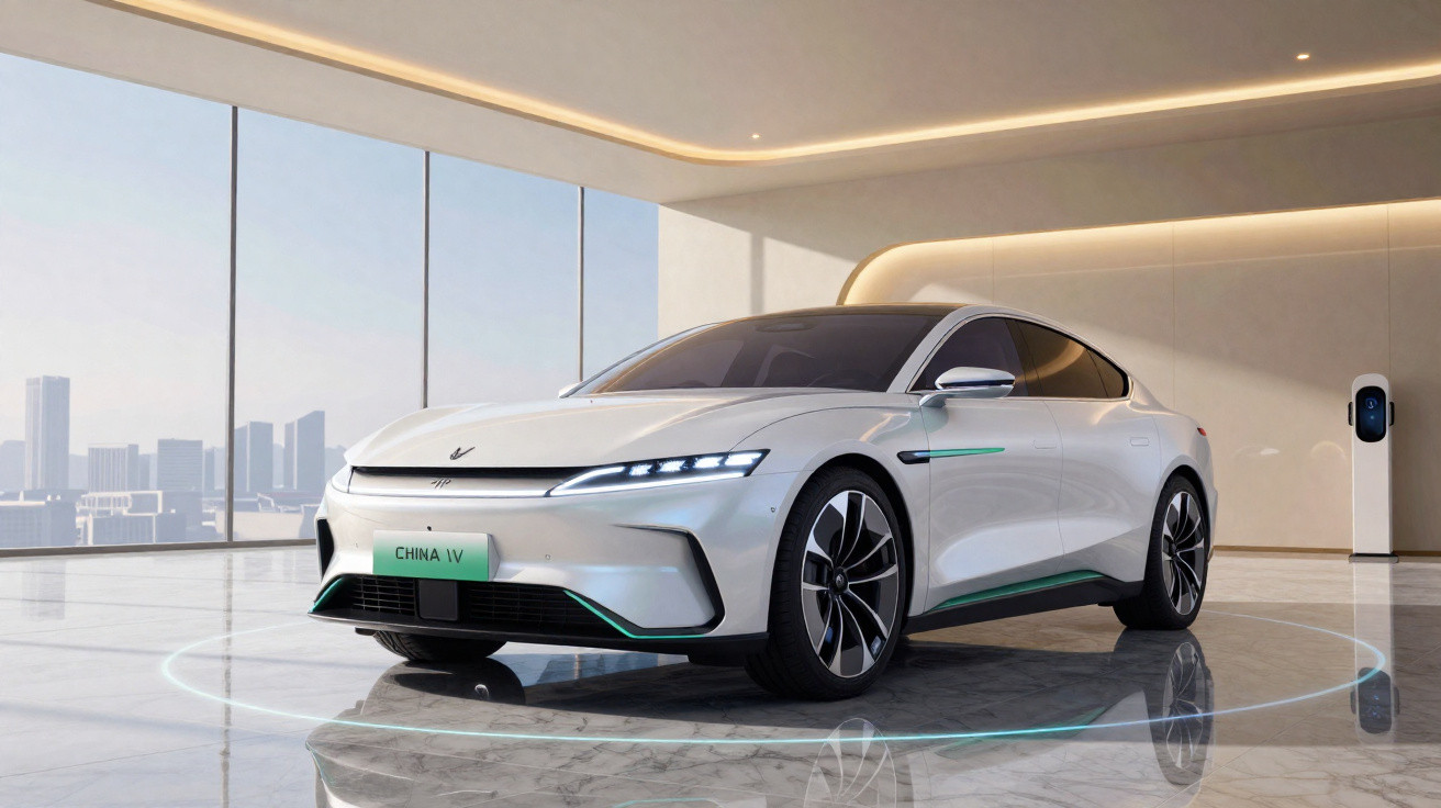 Carro elétrico branco CHINA IV estacionado em garagem moderna com vidro panorâmico e estação de carregamento.