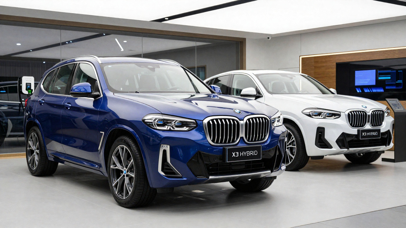 Dois carros BMW X3 Hybrid, um azul e um branco, exibidos num showroom moderno.