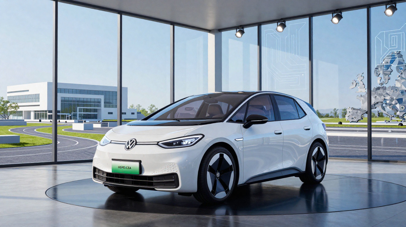 Carro elétrico branco Volkswagen ID.3 numa exposição moderna com amplas janelas e vista para área urbana.