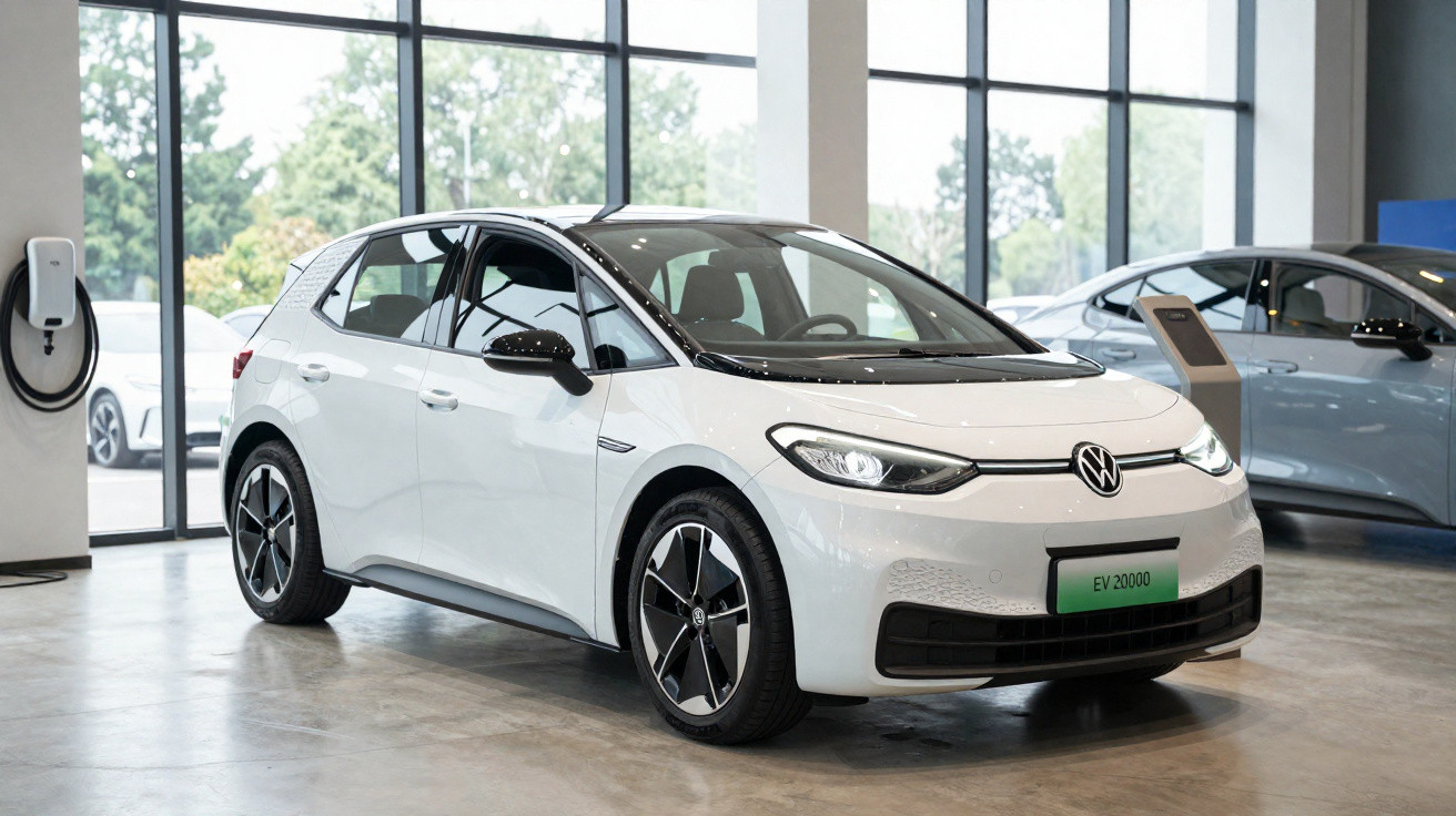 Carro elétrico Volkswagen branco estacionado em showroom com parede de vidro e estação de carregamento.