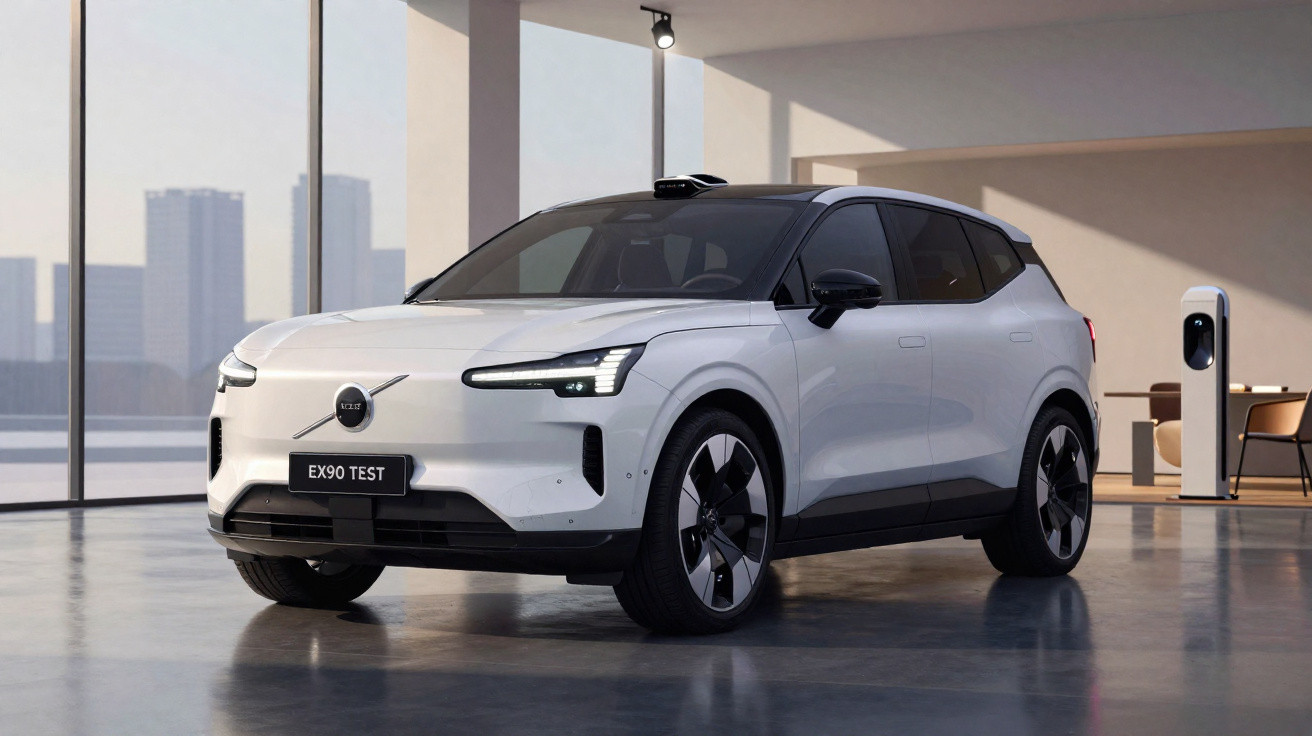 Veículo elétrico SUV branco estacionado num espaço interior moderno com janelas amplas e estação de carregamento.