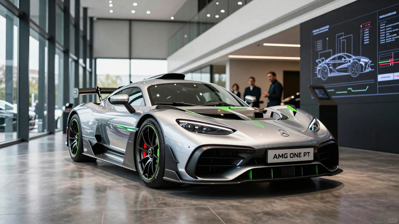Carro desportivo prateado Mercedes AMG One com detalhes verdes em exposição numa sala moderna.