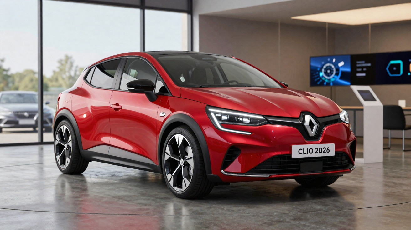 Automóvel Renault Clio 2026 vermelho exposto num showroom moderno com janelas amplas.