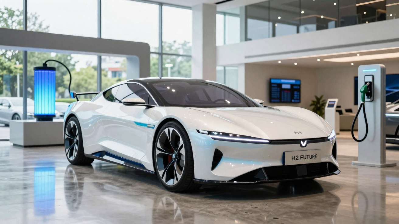 Carro elétrico branco futurista a ser carregado numa estação de carregamento numa garagem moderna.