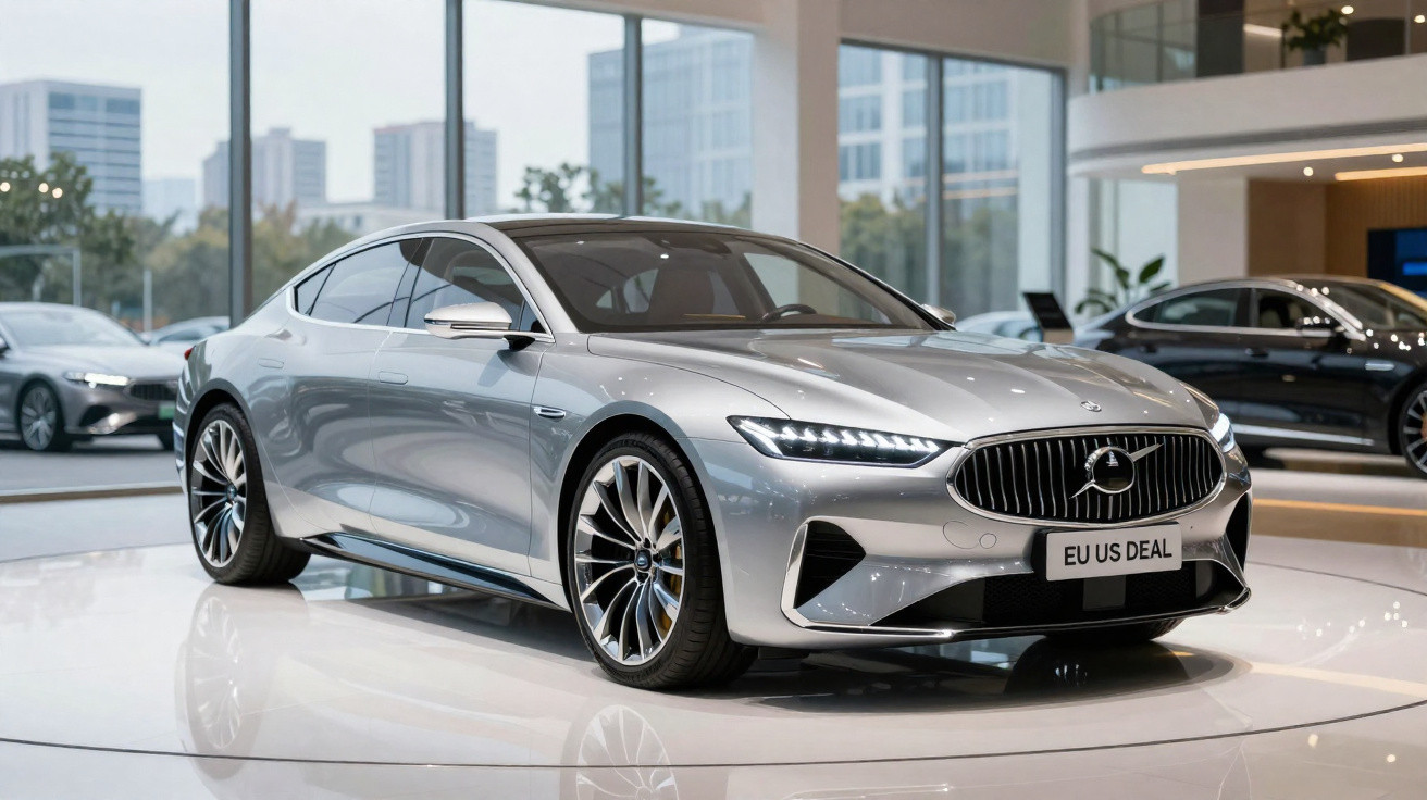 Carro desportivo elétrico prateado exibido num salão automóvel com grandes janelas e outros veículos ao fundo.