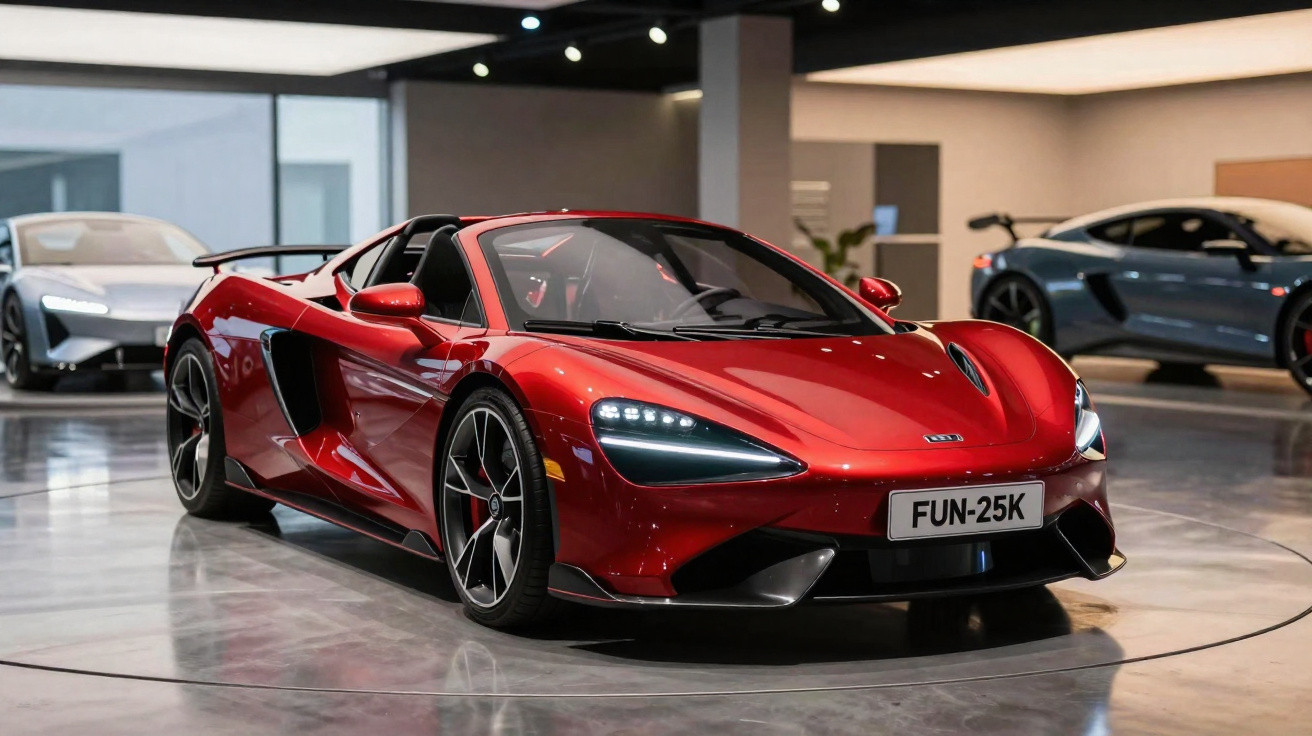Carro desportivo vermelho estacionado numa sala de exposição moderna com outros carros ao fundo.