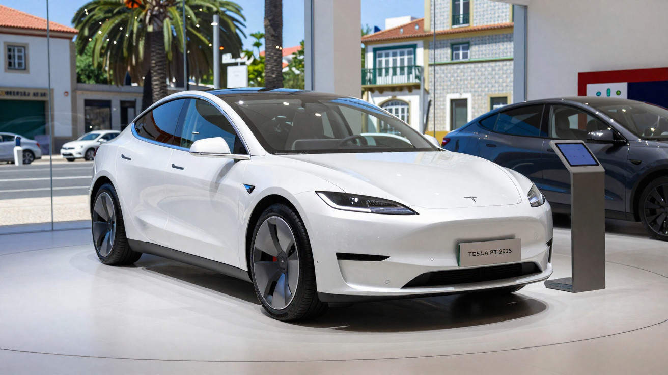 Carro elétrico branco Tesla Modelo S 2023 em exposição numa loja com janelas grandes.