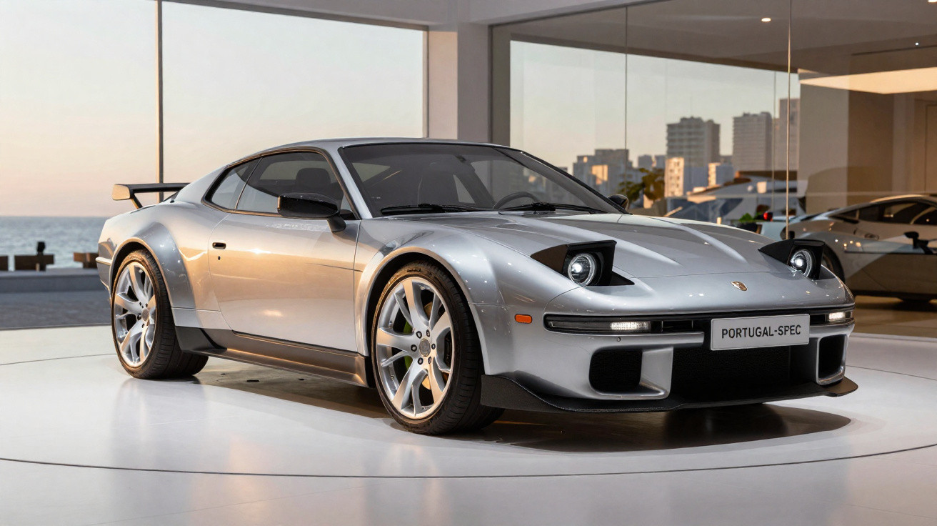 Carro desportivo prata com faróis retrácteis expostos em exposição com vista para o mar ao pôr do sol.