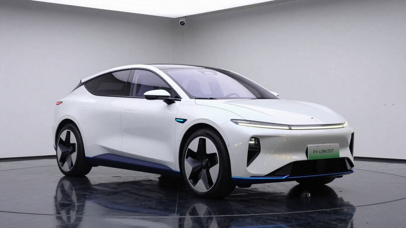 Carro elétrico branco com design futurista, linhas suaves e luzes LED finas, em estúdio minimalista.