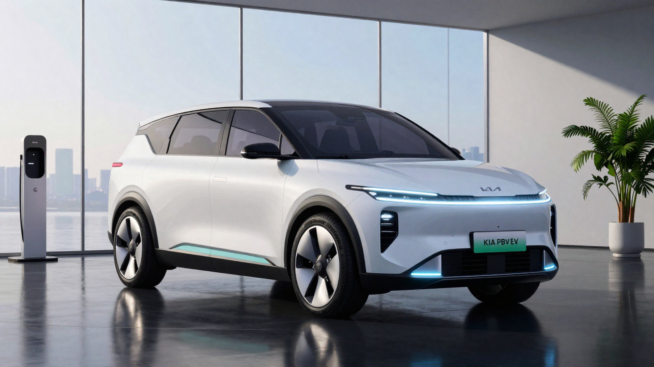 Carro elétrico branco Kia EV estacionado em espaço interior moderno com carregador e planta decorativa.