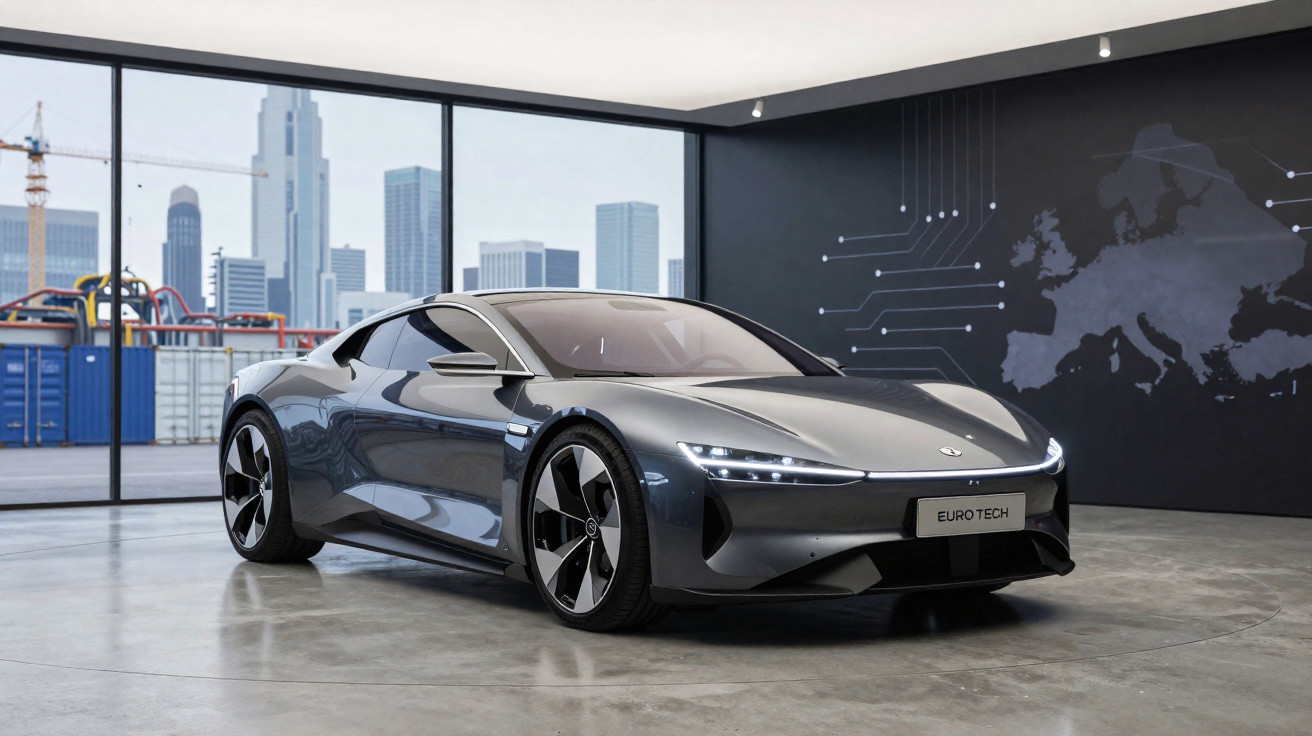Carro desportivo elétrico cinzento estacionado em espaço interior moderno com vista urbana ao fundo.