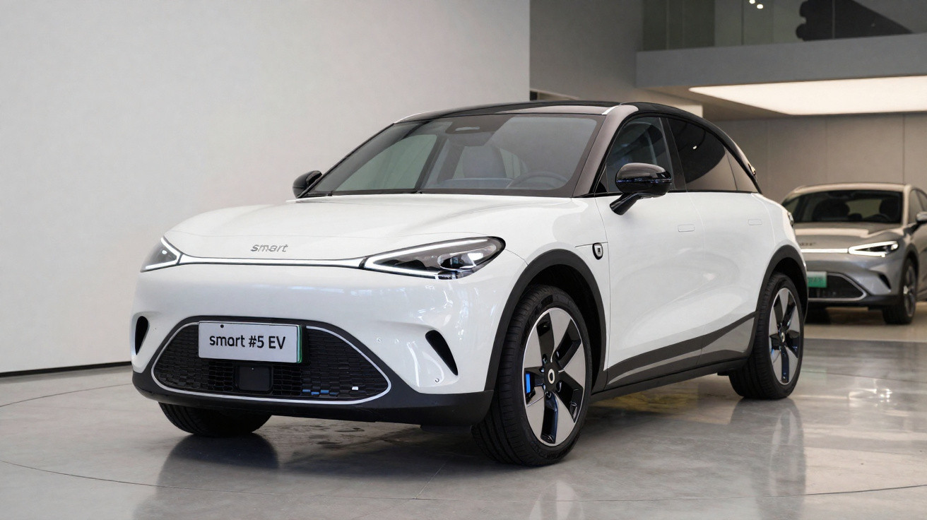 Carro elétrico Smart #5 EV branco estacionado em showroom moderno com piso refletor.