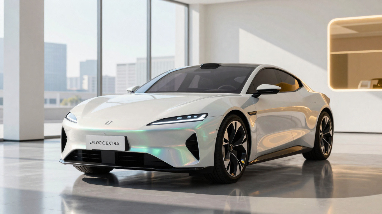Carro elétrico branco EVLOGIC EXTRA estacionado em ambiente interior moderno e luminoso.
