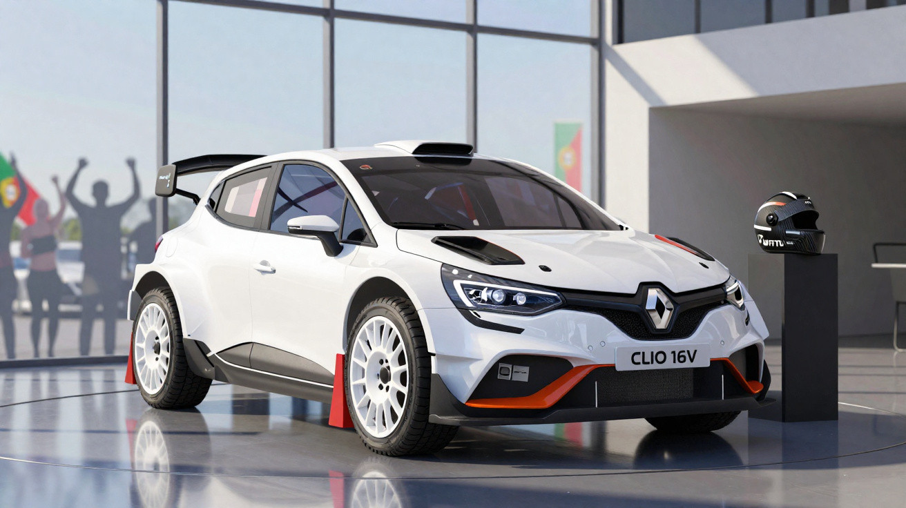 Renault Clio 16V branco com detalhes em laranja, capacete preto, em exposição num salão moderno.