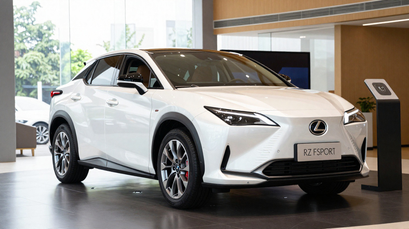 Veículo Lexus RZ FSPORT branco exibido numa sala de exposição moderna com janelas amplas.