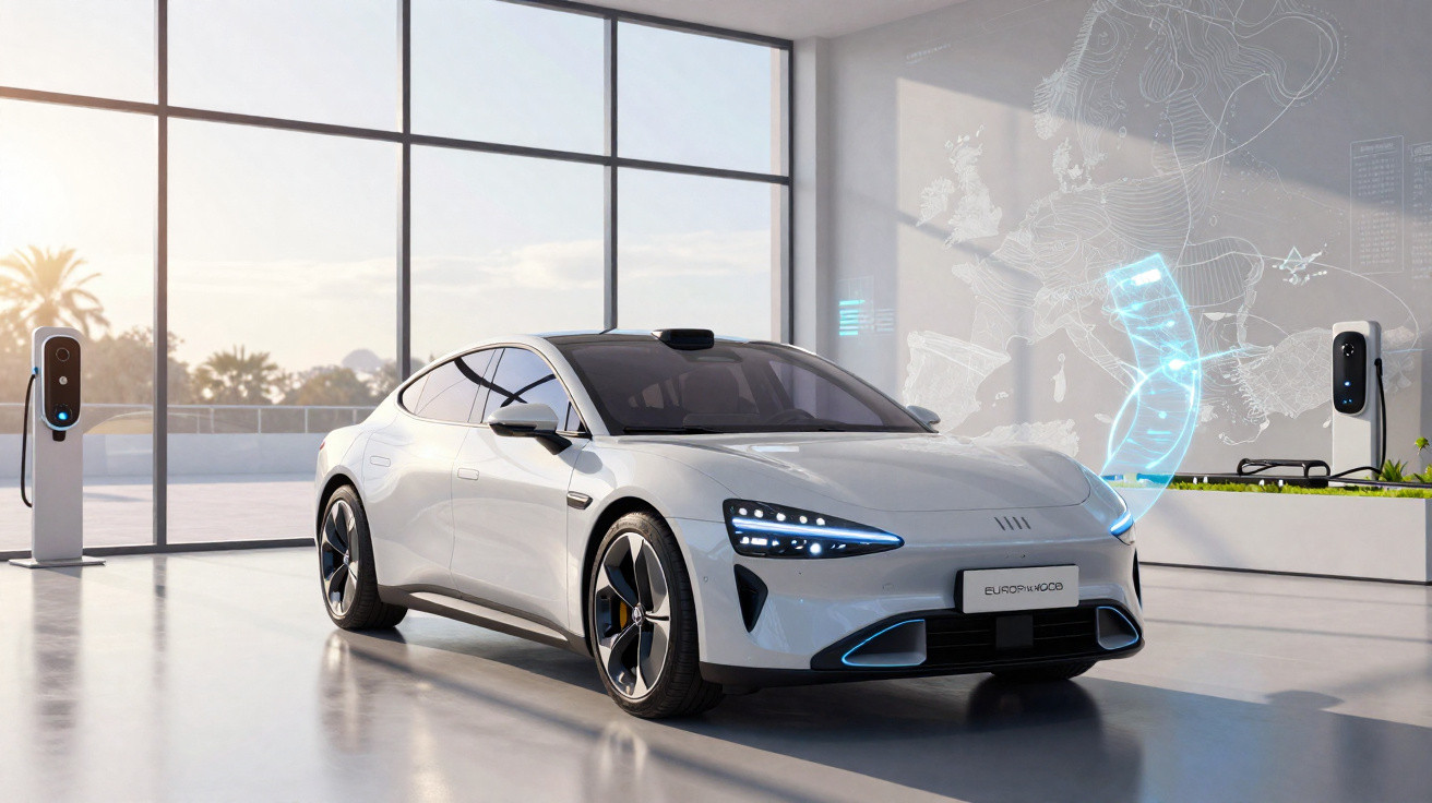 Carro elétrico branco estacionado numa garagem moderna com estações de carregamento e projeção holográfica azul.