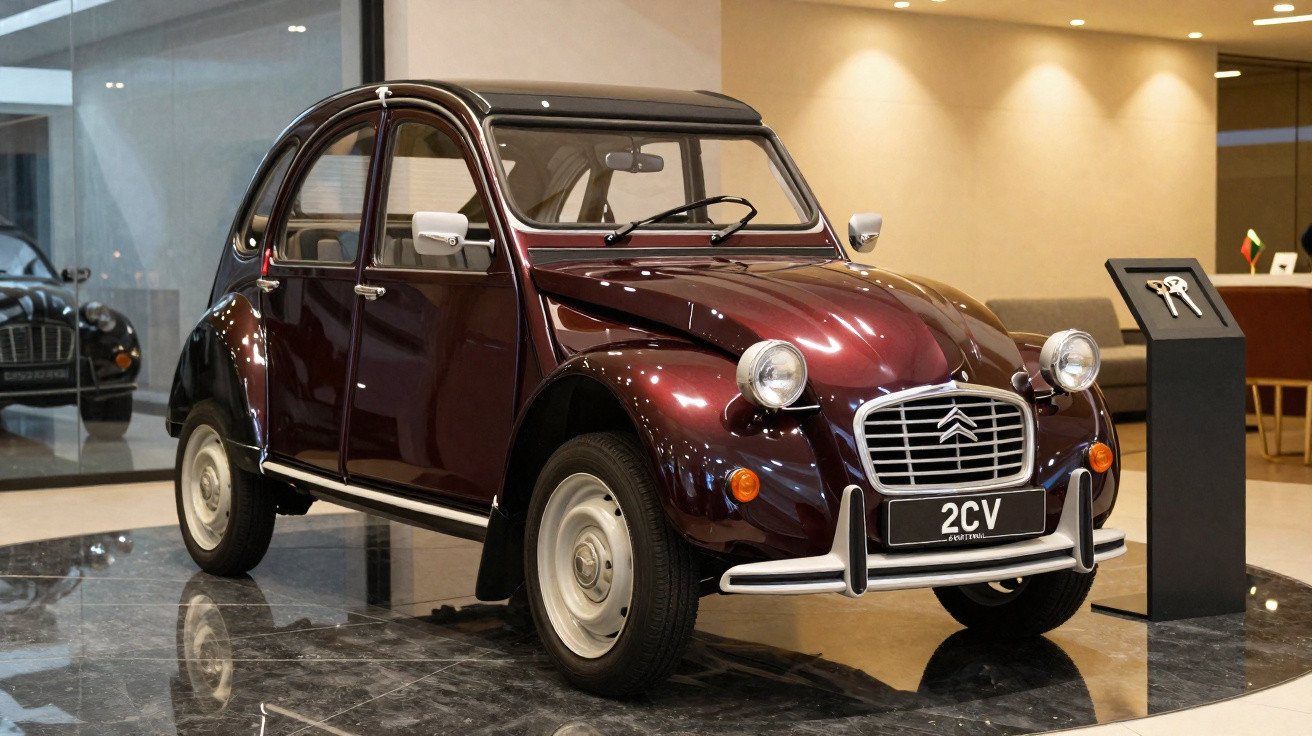 Carro clássico Citroën 2CV bordô em exposição num espaço fechado com chão em mármore escuro.